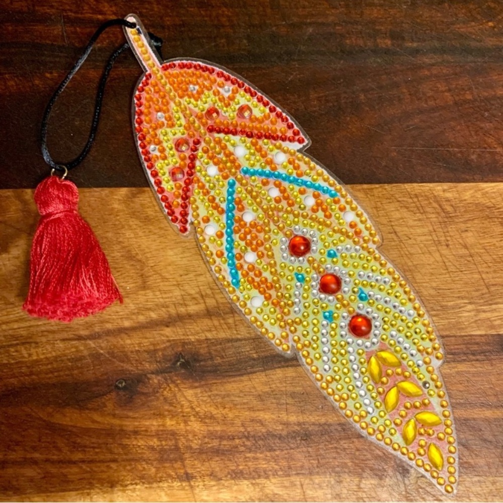 Handmade Diamond Painted Ornament Bookmark Drawer Pull With Mostly Orange Jewels - Picture 4 of 6